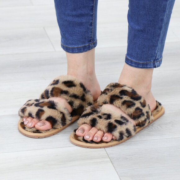 Leopard Tan Puff Fuzzy Fluffy Slip On Plush Slippers Double Strap - Picture 15 of 16